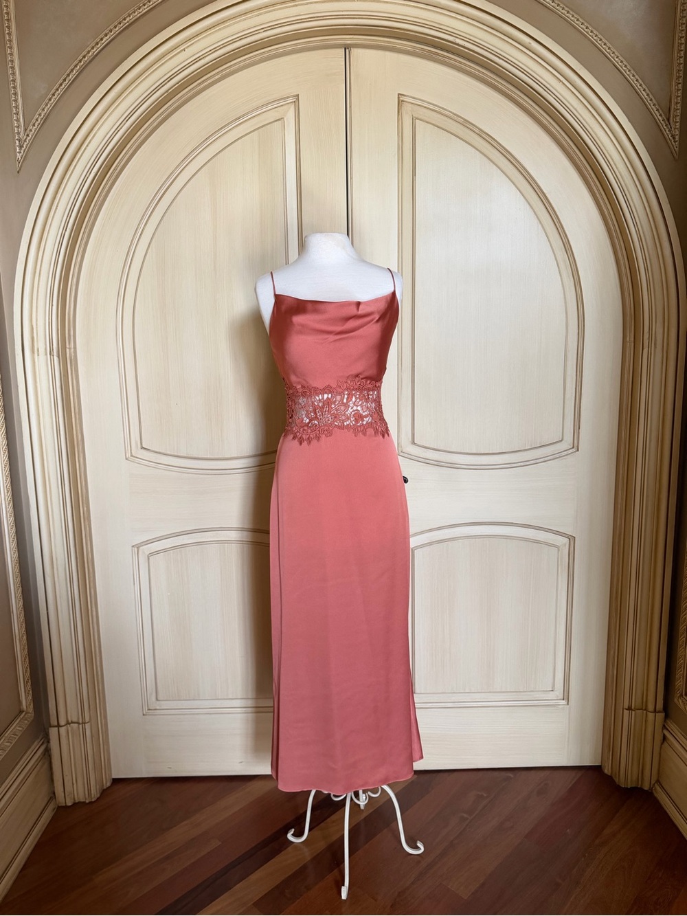 KEEPSAKE the Label Coral Satin Midi Dress with Lace Waist